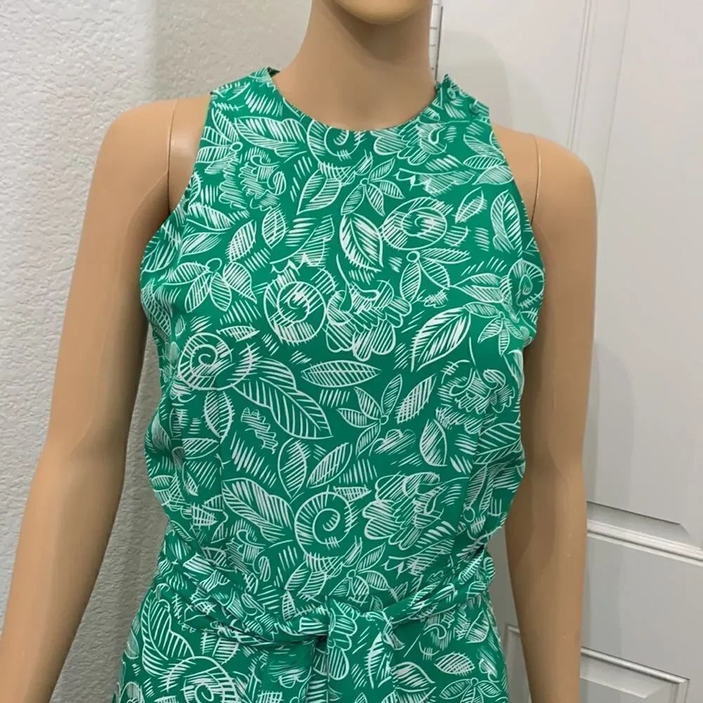 Silk Studio For Petites Size 4 💯% Silk Scoop Neck Sleeveless Green White Belted - Picture 3 of 13